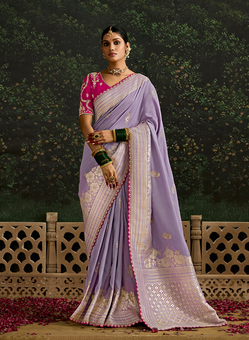 Sequins Embroidered Border Work Dola Silk Lavender Festive Wear Saree