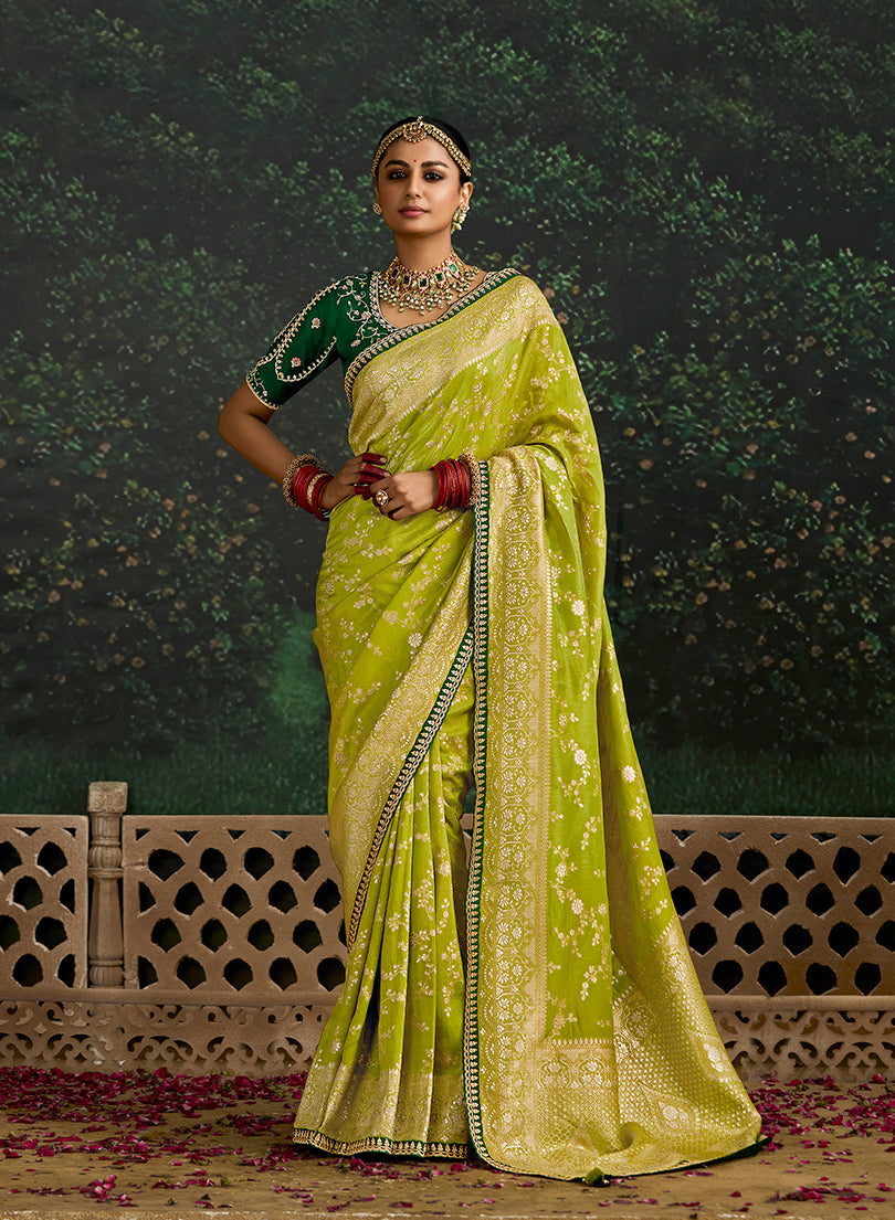 Sequins Embroidered Border Work Dola Silk Pear green Festive Saree
