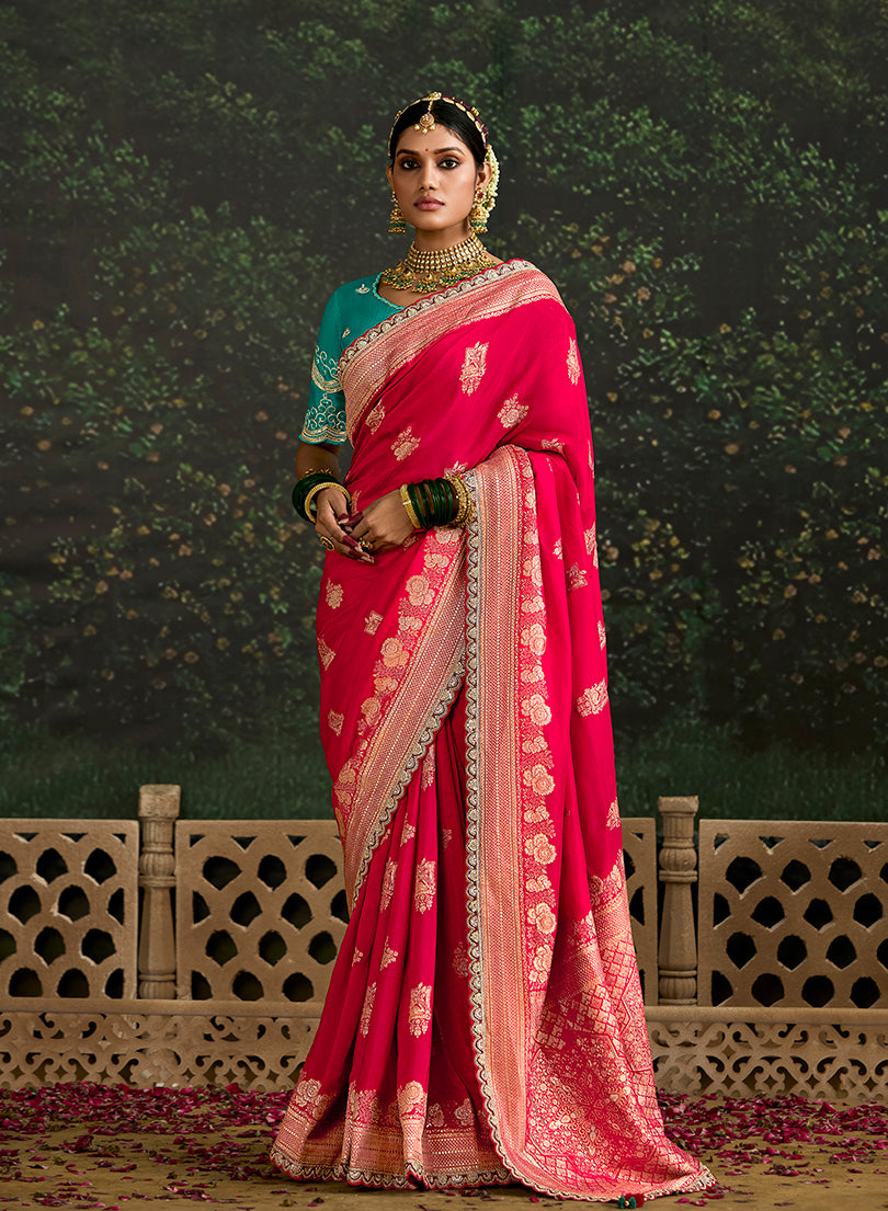 Sequins Embroidered Border Work Dola Silk Bright Pink Festive Wear Saree