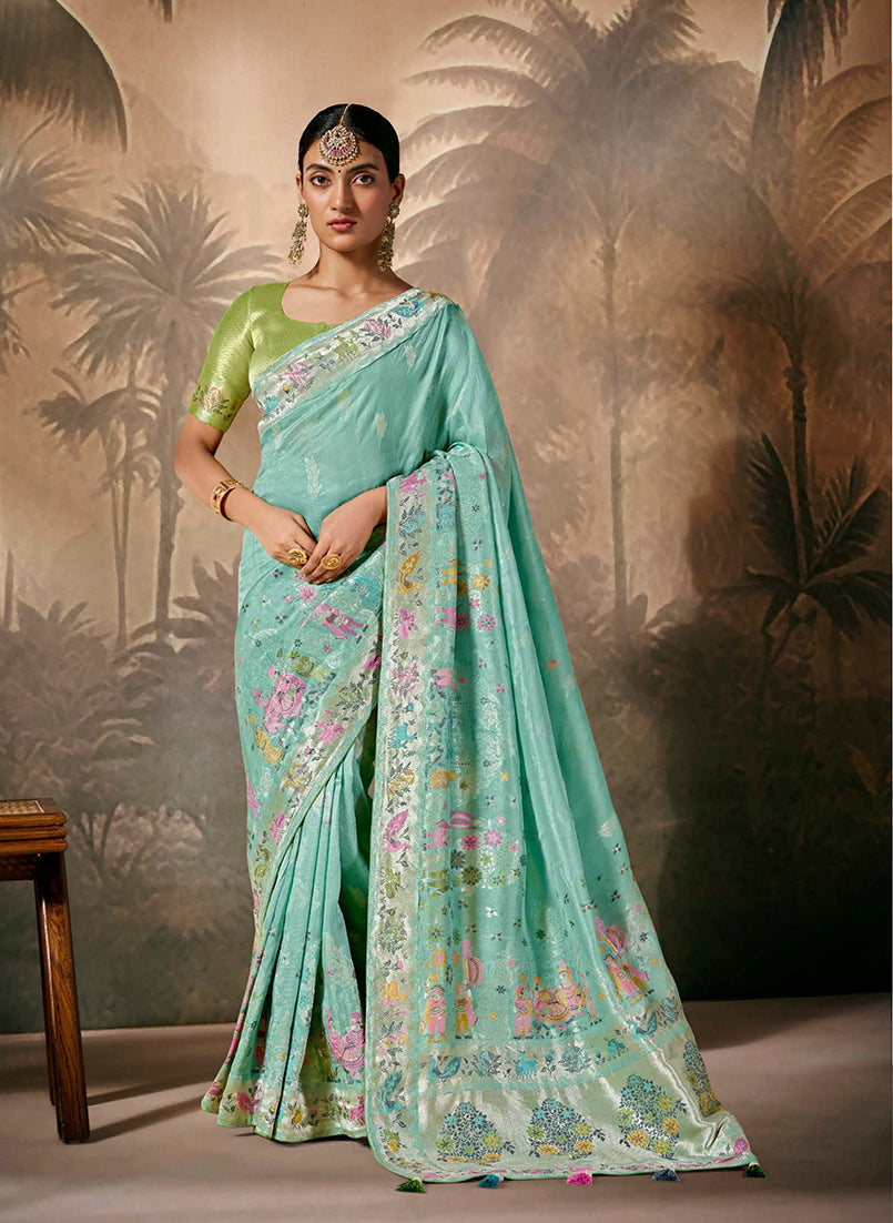 Aqua Blue Traditional Silk Saree For Festival