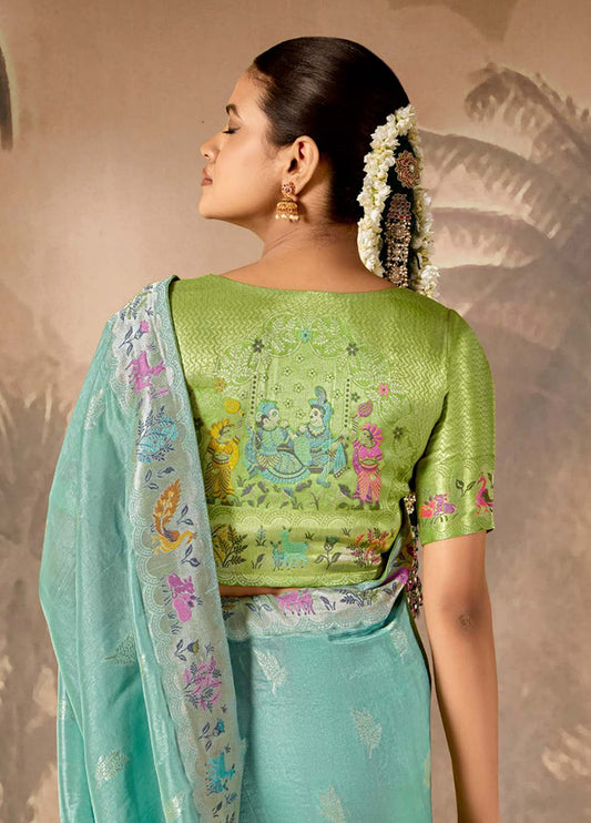 Aqua Blue Traditional Silk Saree For Festival