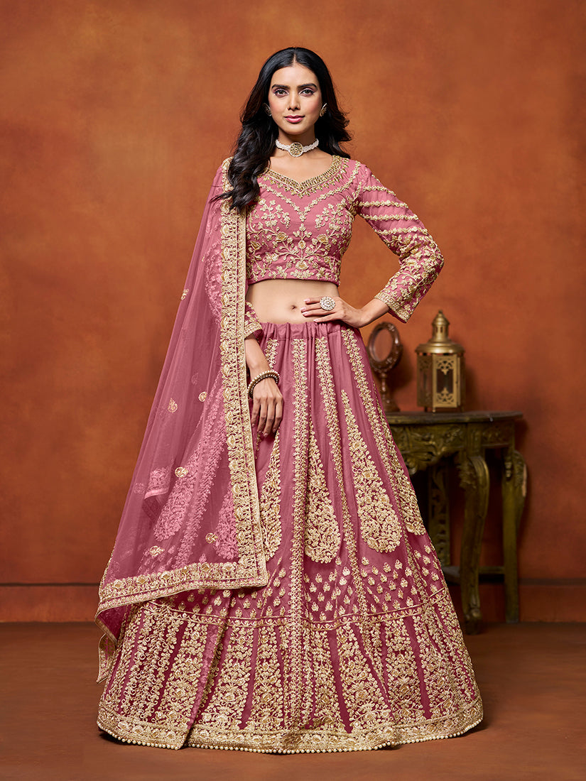Pink Net Fabric Heavy Embroidered Trendy Lehenga Choli