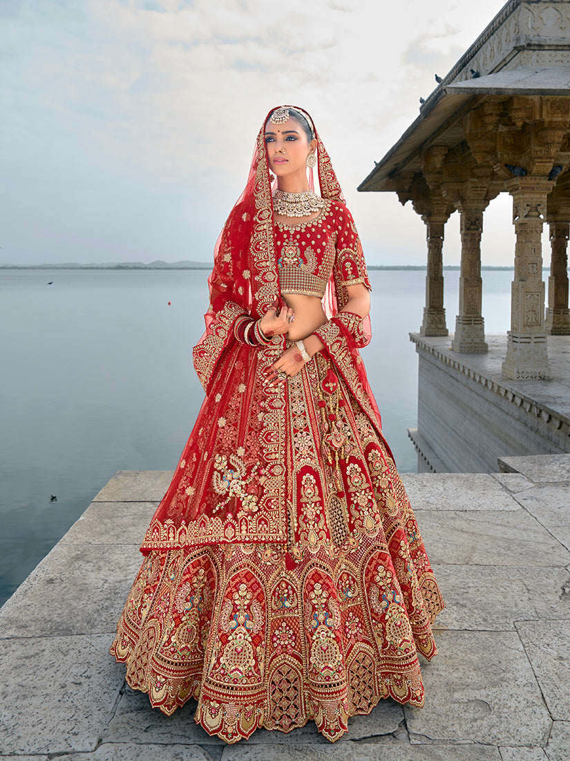 Red Silk Embroidered Sequins Work Bridal Trendy Lehenga Choli