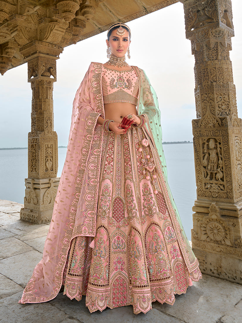 Light Pink Silk Embroidered Sequins Thread  Bridal Trendy Lehenga Choli