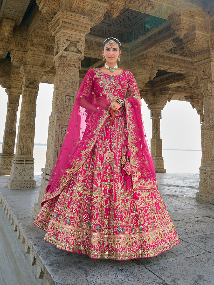Rani Pink Silk Embroidered, Sequins, Thread And Zari Work Bridal Trendy Lehenga Choli
