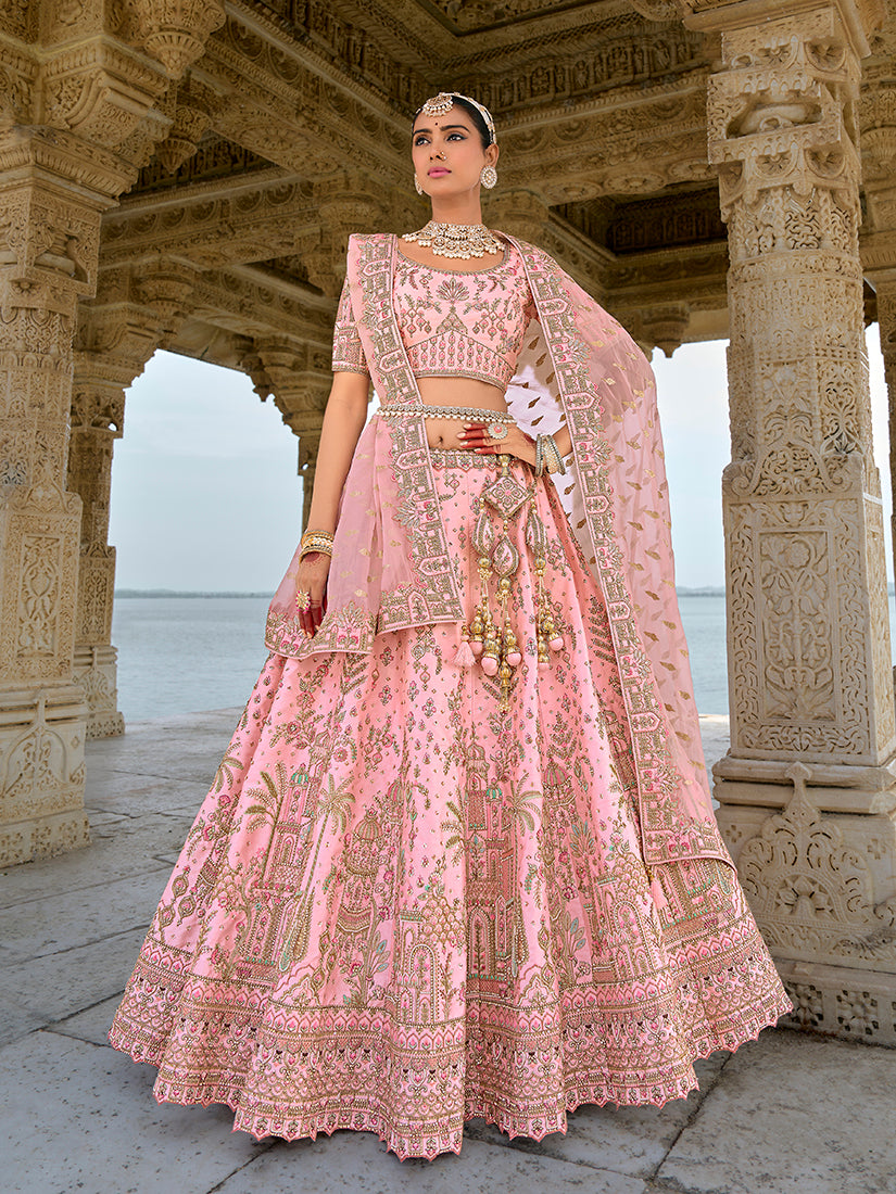 Light Pink Silk Embroidered, Sequins, Thread And Zari Work Bridal Trendy Lehenga Choli