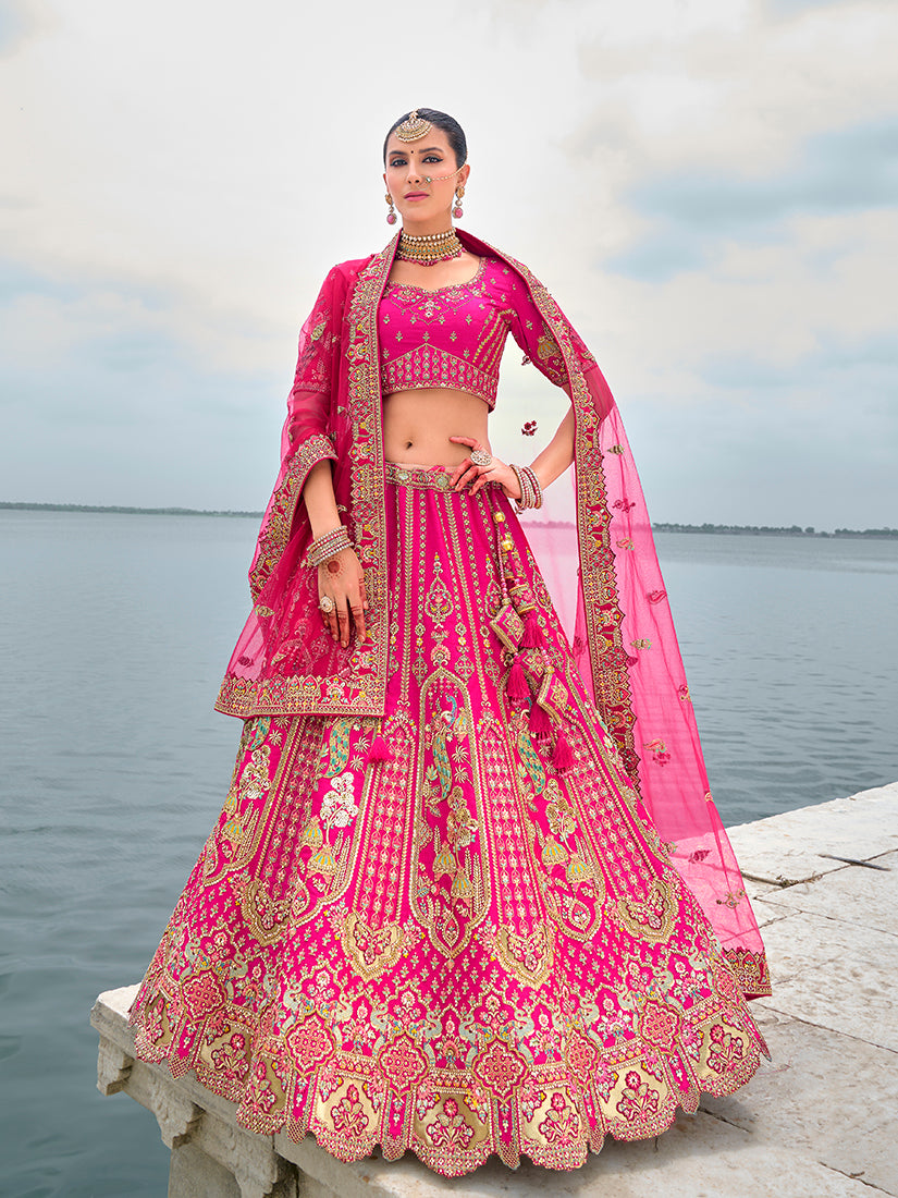 Rani Pink Silk Embroidered, Sequins, Thread And Zari Work Bridal Trendy Lehenga Choli