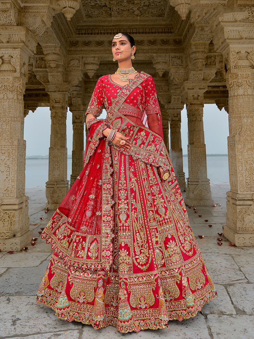 Red Silk Embroidered Sequins Zari Work Bridal Trendy Lehenga Choli