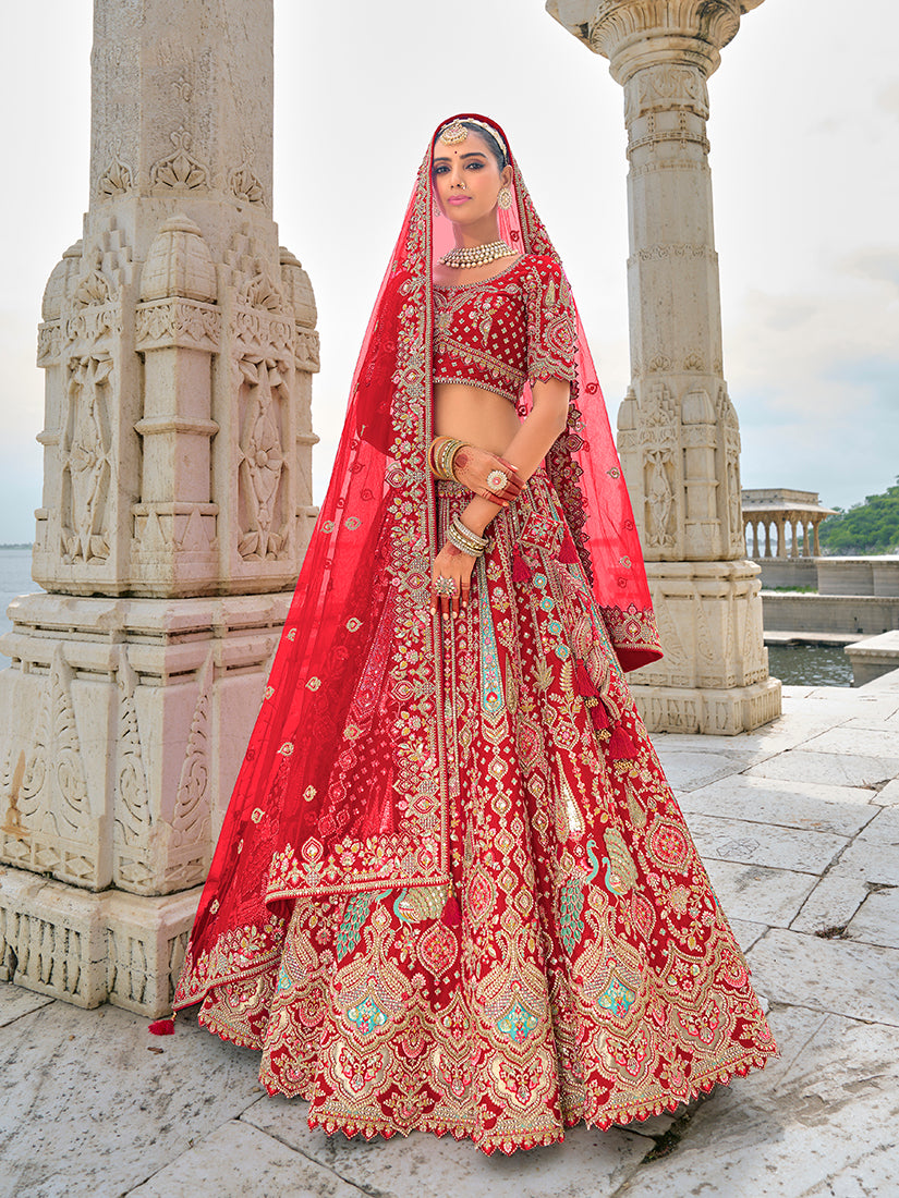 Red Silk Embroidered Sequins Thread And Zari Work Bridal Lehenga Choli