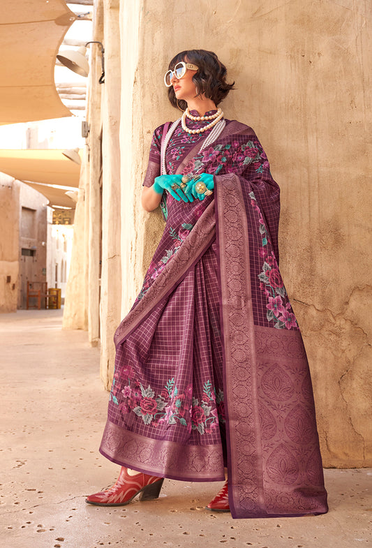 Burgundy Ethnic Motif Printed Georgette Saree with Zari Weave
