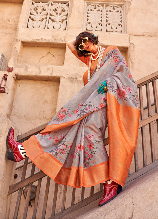 Gray Ethnic Motif Printed Georgette Saree with Zari Weave