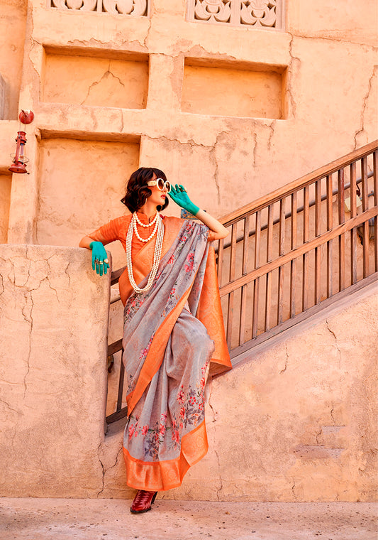 Gray Ethnic Motif Printed Georgette Saree with Zari Weave