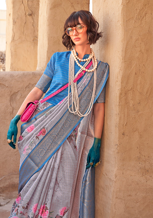 Gray Ethnic Motif Printed Georgette Saree with Zari Weave