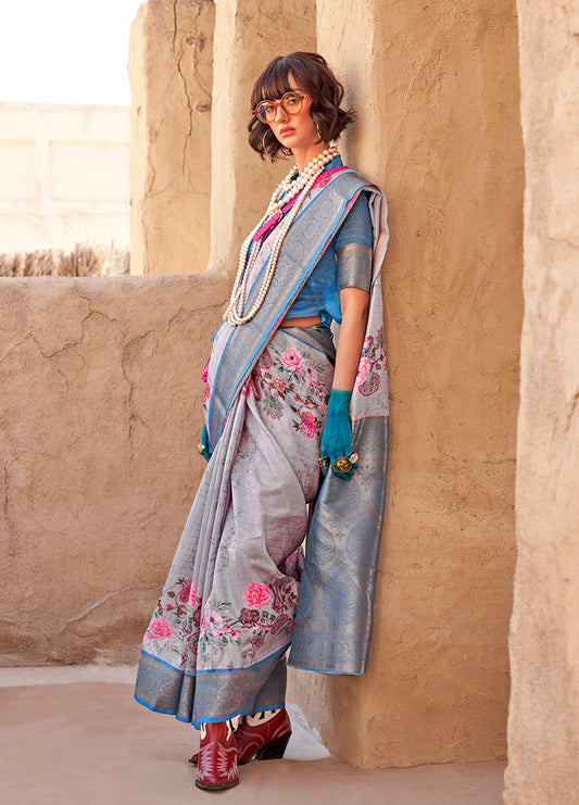 Gray Ethnic Motif Printed Georgette Saree with Zari Weave