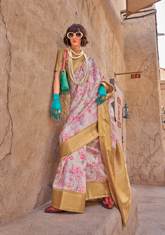 Light gray Ethnic Motif Printed Georgette Saree with Zari Weave