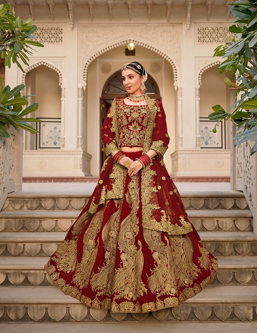 Maroon Velvet Embroidered Stone Work Wedding Lehenga Choli