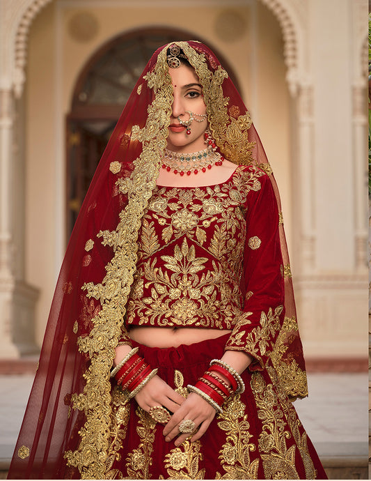 Maroon Velvet Embroidered Stone Work Wedding Lehenga Choli