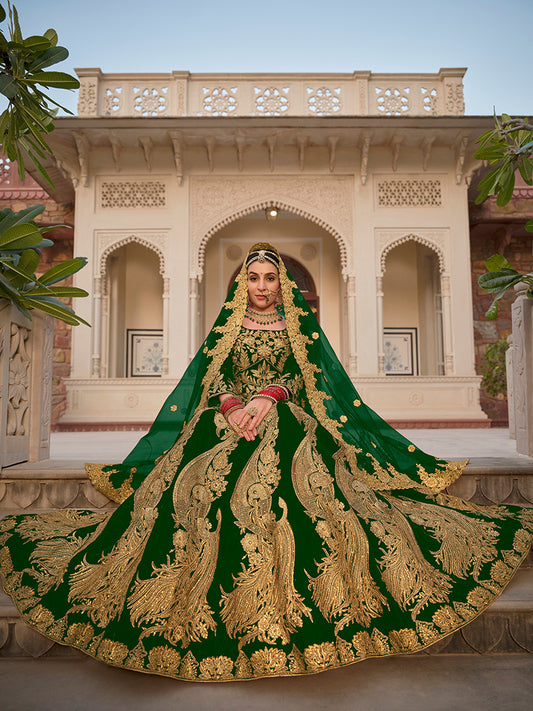 Dark Green Velvet Embroidered Stone Work Wedding Lehenga Choli