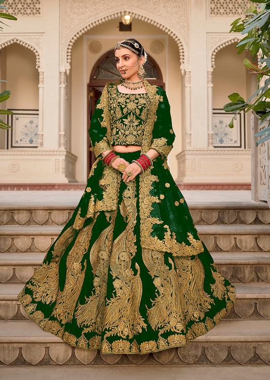 Dark Green Velvet Embroidered Stone Work Wedding Lehenga Choli