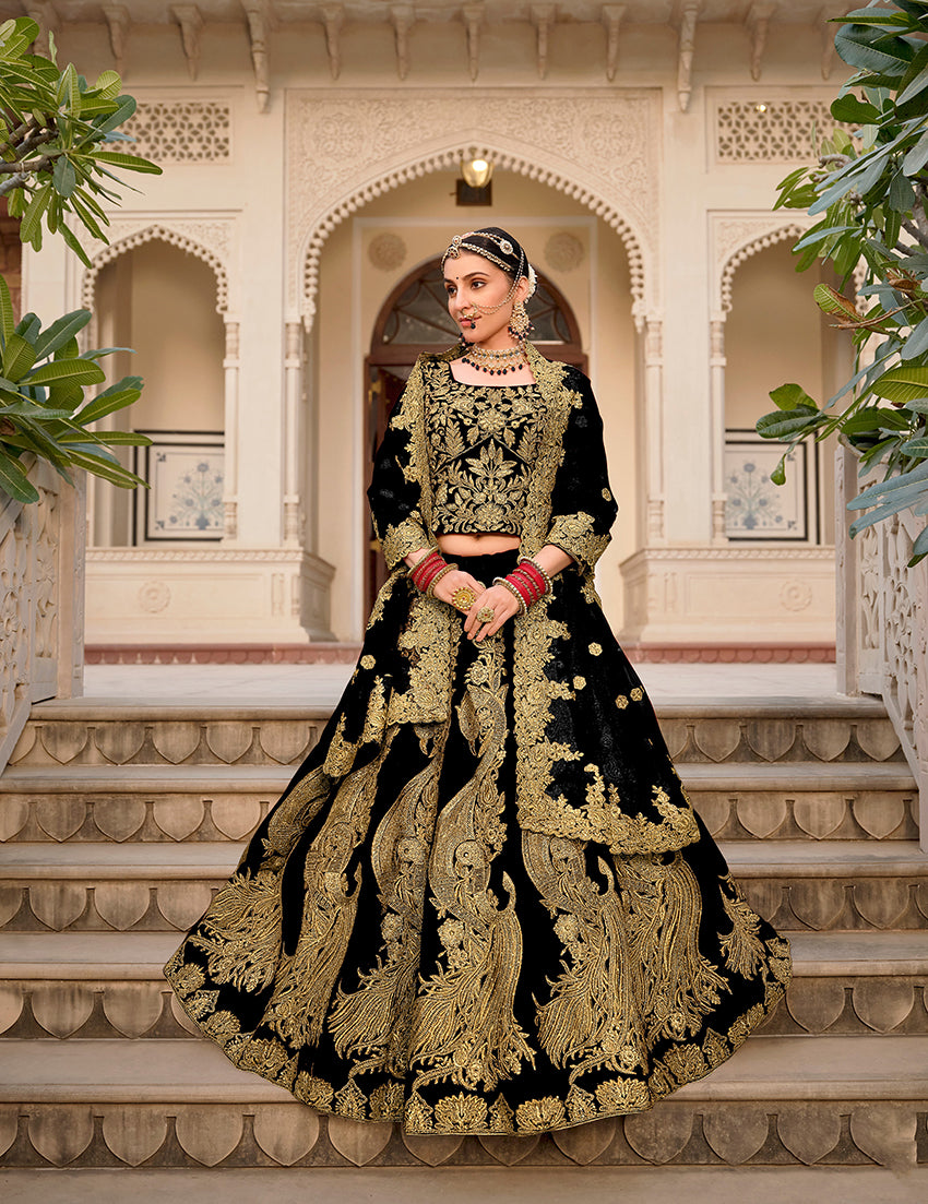 Black Velvet Embroidered Stone Work Wedding Lehenga Choli