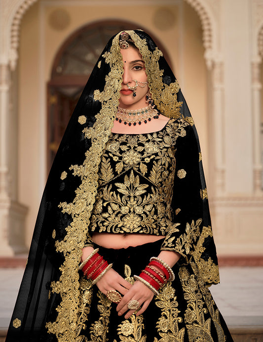 Black Velvet Embroidered Stone Work Wedding Lehenga Choli