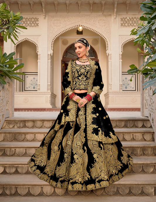 Black Velvet Embroidered Stone Work Wedding Lehenga Choli