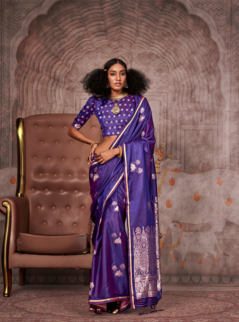 Violet Zari Woven Satin Silk Saree for Festivals