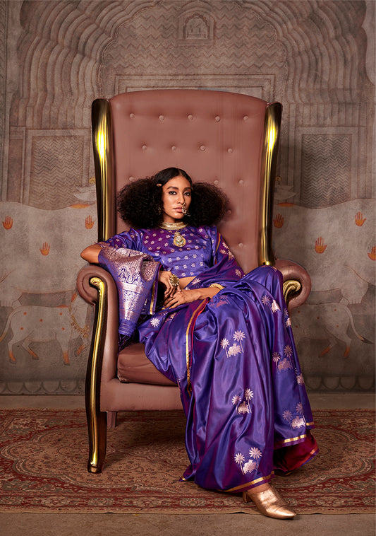 Violet Zari Woven Satin Silk Saree for Festivals