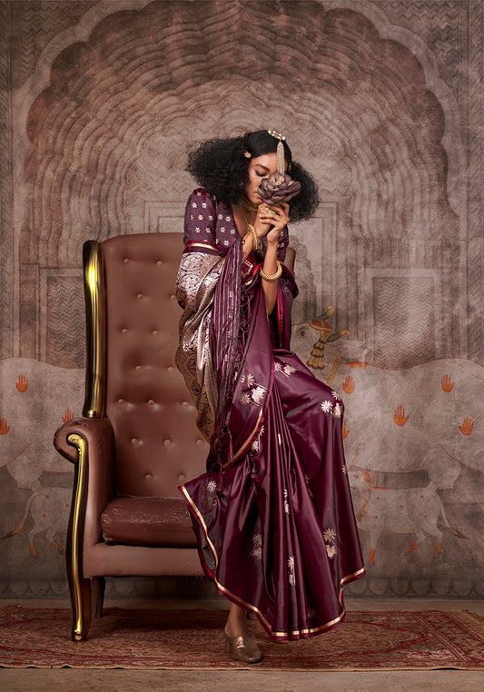 Wine Zari Woven Satin Silk Saree for Festivals