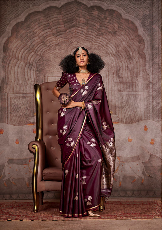 Wine Zari Woven Satin Silk Saree for Festivals