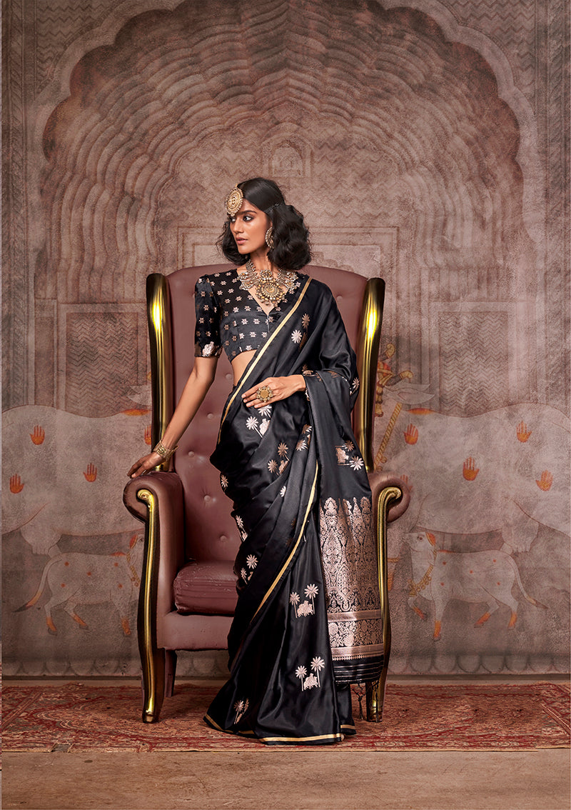 Black Zari Woven Satin Silk Saree for Festivals