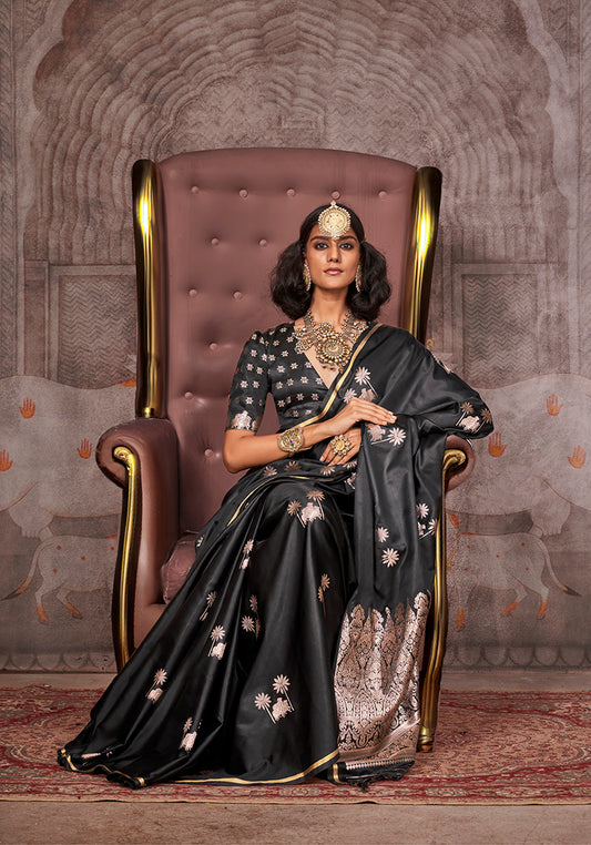 Black Zari Woven Satin Silk Saree for Festivals