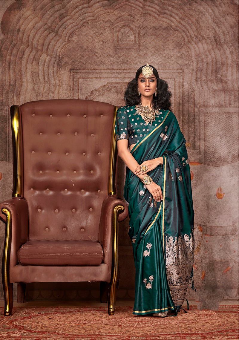 Dark Green Zari Woven Satin Silk Saree for Festivals