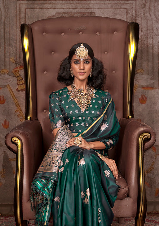 Dark Green Zari Woven Satin Silk Saree for Festivals