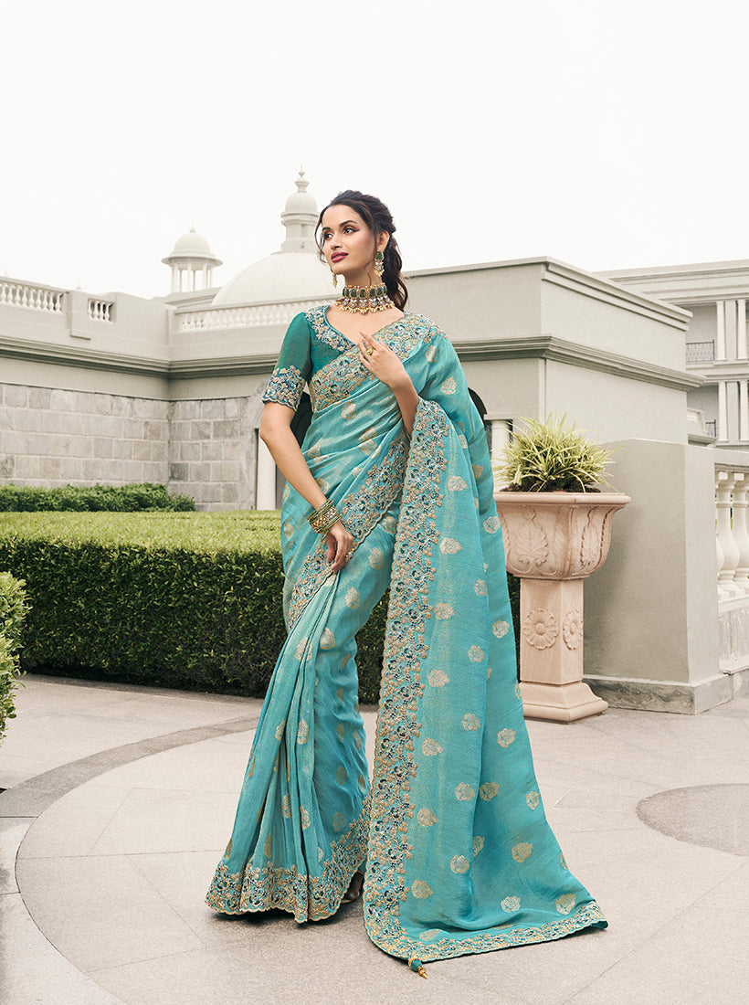 Aqua Blue Tussar Silk Embroidered Work Saree