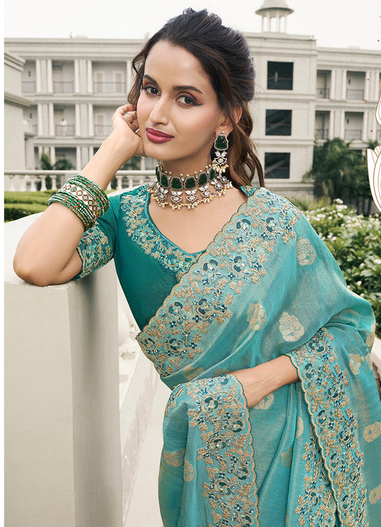 Aqua Blue Tussar Silk Embroidered Work Saree