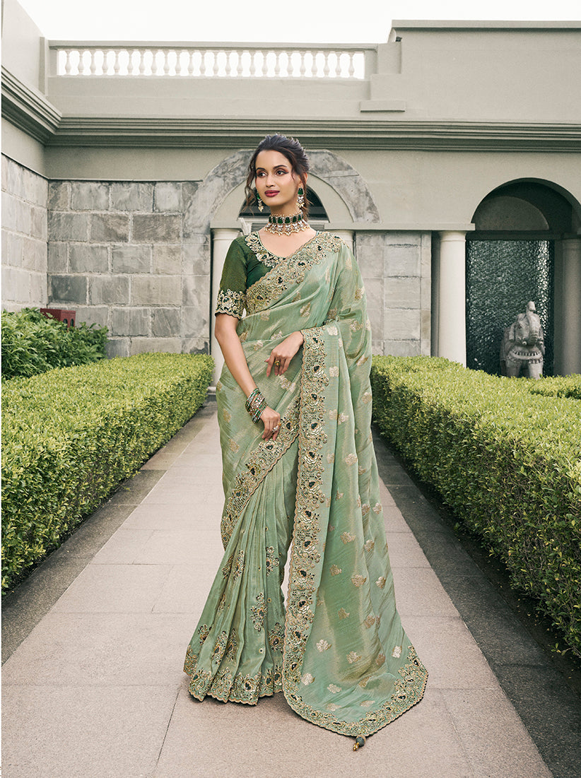 Sea Green Tussar Silk Embroidered Work Saree