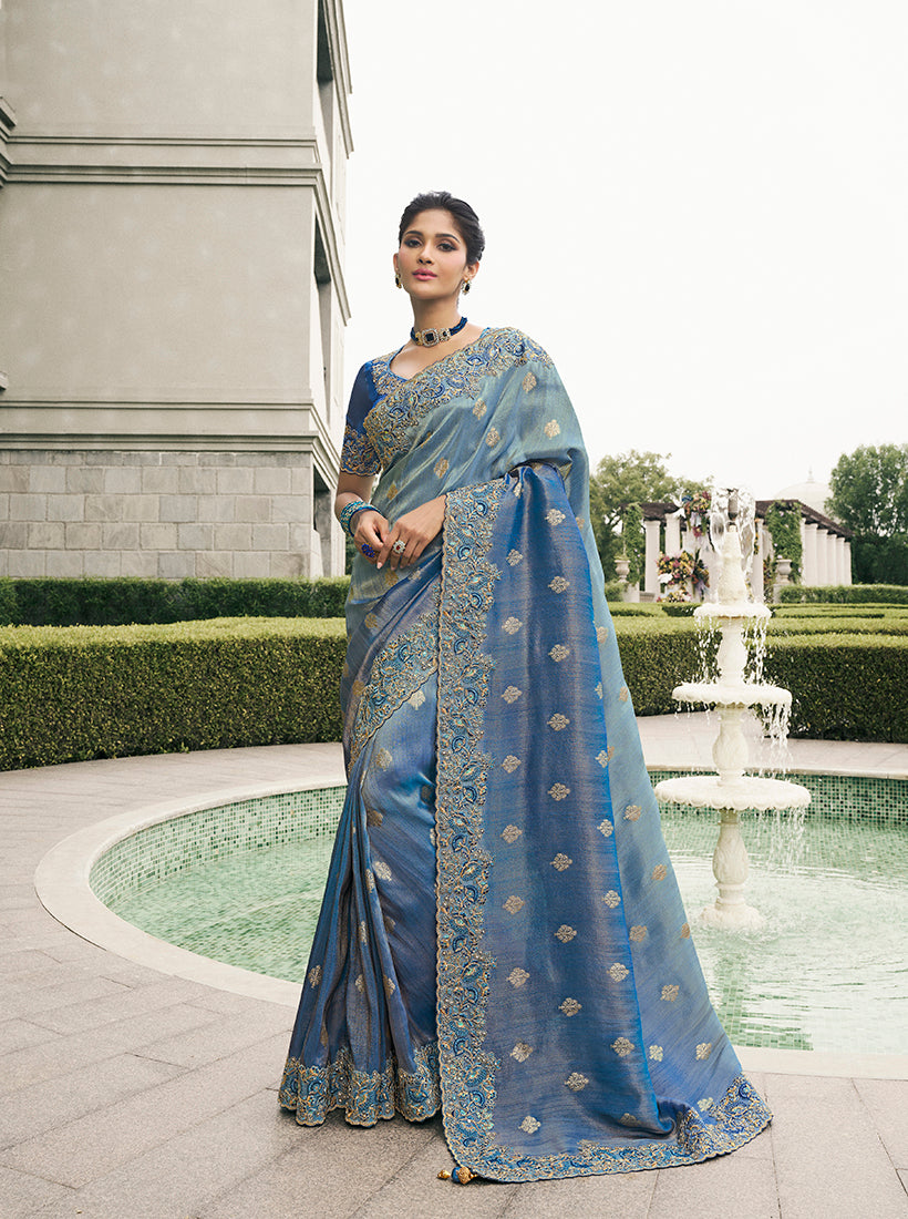 Blue Tussar Silk Embroidered Work Saree