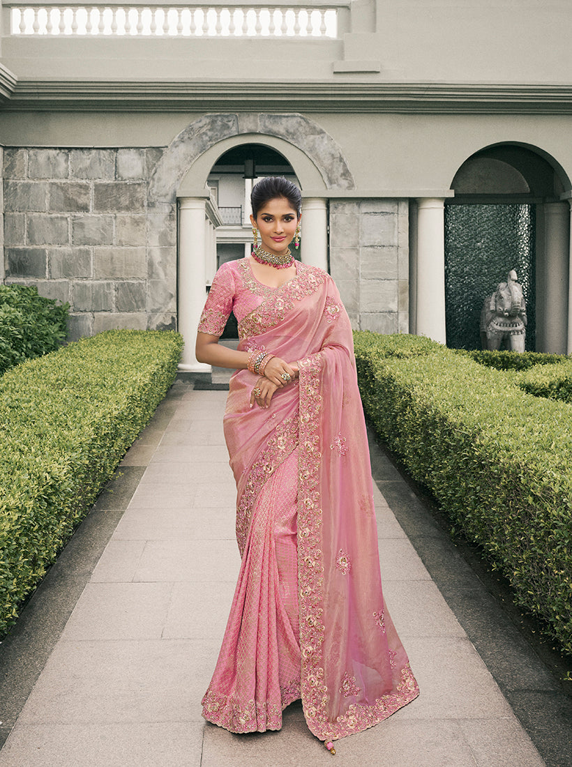 Pink Tussar Silk Embroidered Work Saree