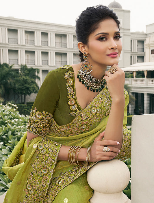 Light Olive Green Tussar Silk Embroidered Work Saree