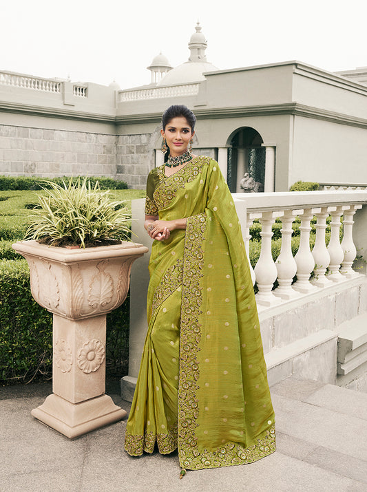 Light Olive Green Tussar Silk Embroidered Work Saree