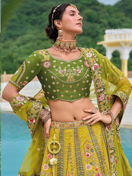 Green And Mehendi Silk Embroidered Sequins Mehendi Event Lehenga Choli