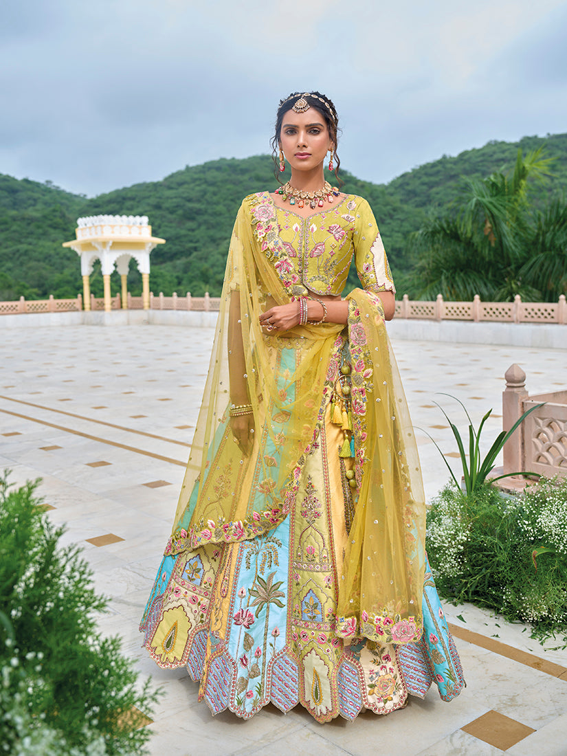 Lemon Yellow Silk Embroidered Sequins Mehendi Event Lehenga Choli