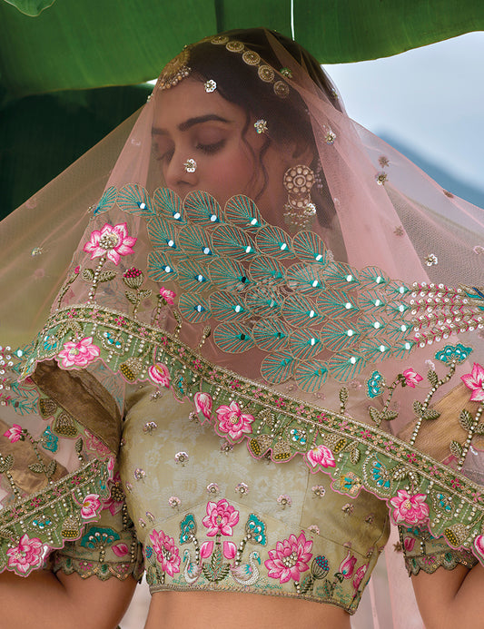 Baby Pink Silk Embroidered Sequins Wedding Lehenga Choli