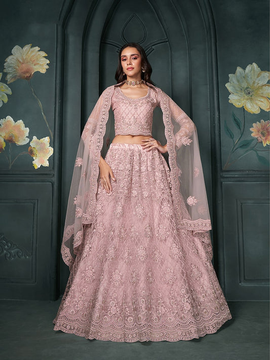 Light Pink Embroidered Net Designer Lehenga Choli
