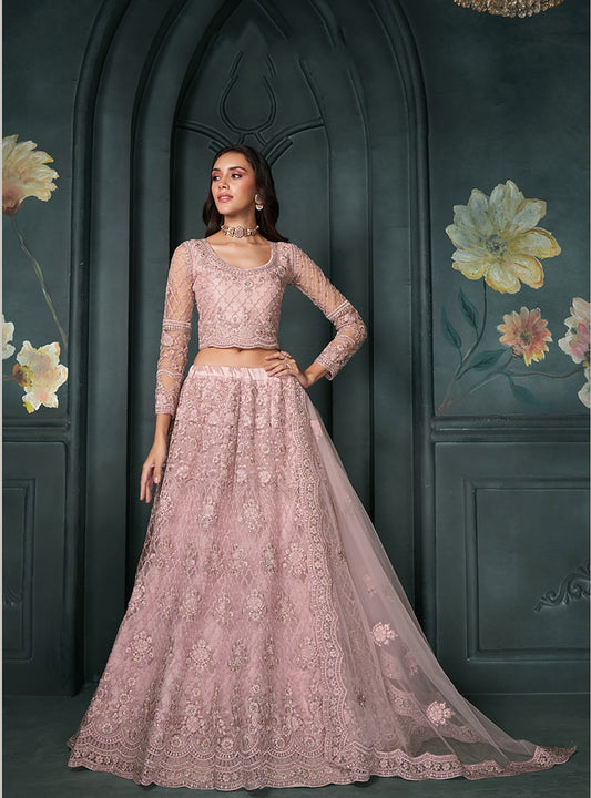 Light Pink Embroidered Net Designer Lehenga Choli
