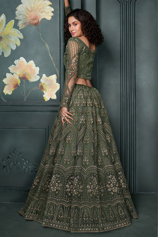 Bottle Green Embroidered Net Designer Bridal Lehenga Choli