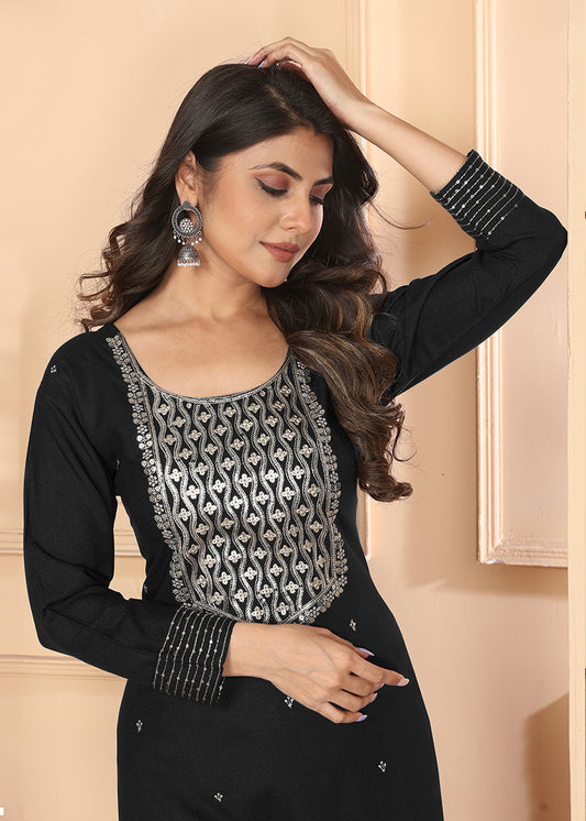 Black Premium Rayon Heavy Sequence Embroidery Kurtis Pant Pair