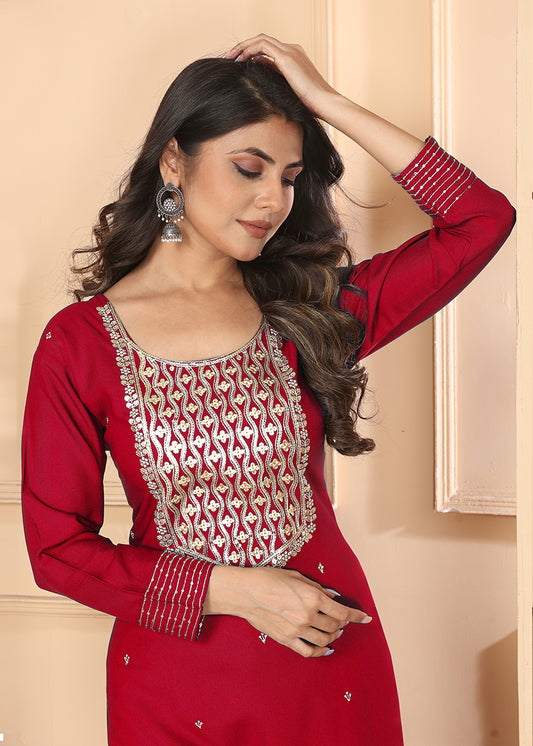 Red Premium Rayon Heavy Sequence Embroidery Kurti Pant Pair