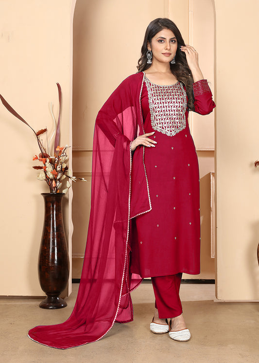 Red Premium Rayon Heavy Sequence Embroidery Kurti Pant Pair